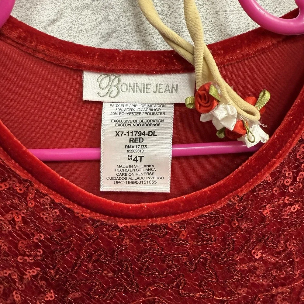 Bonnie Jean Girls 4T Christmas Dress Santa Claus‎ Red Sequin White Fur Trim